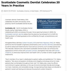 Scottsdale cosmetic dentist has operated for 20 years as of March 2023.