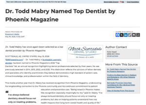 Dr. Todd Mabry, a Scottsdale dentist, was named to Phoenix Magazine’s “Top Dentists” list for 2026